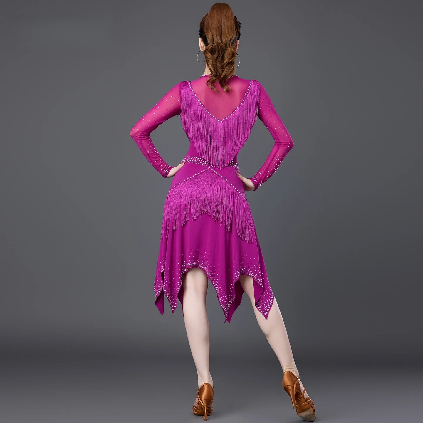 2025 라틴 댄스 드레스 대회 공연 드레스 볼룸 댄스 신형 전문 맞춤 긴 소매 태슬 댄스 드레스