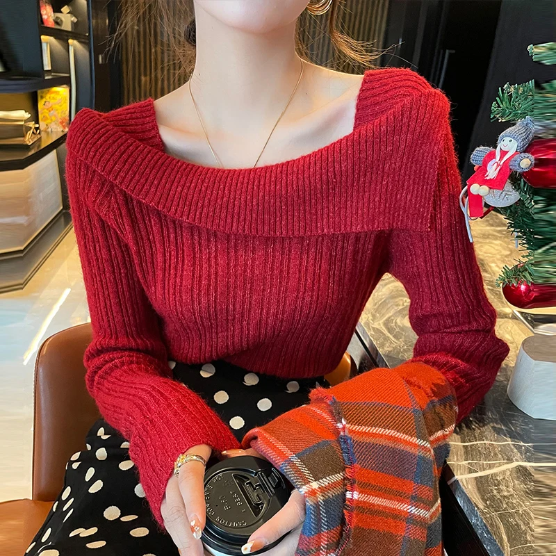새로운 숙녀 스퀘어 넥 원 숄더 가을, 겨울 긴 소매 니트 스웨터 부드럽고 편안한 캐주얼 바닥 풀오버