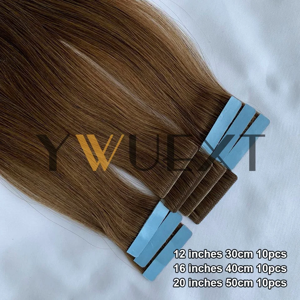 Trama de piel invisible marrón, extensiones de cabello natural lacio a máquina, Remy sin costuras adhesivas tape in de cabello humano, 10 piezas por paquete 2