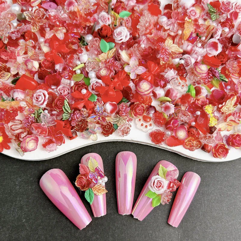 50 pezzi di ciondoli per unghie con fiori di rosa misti casuali, farfalla in resina, perle, decorazioni per unghie, accessori in cristallo fai da te, strass artigianali