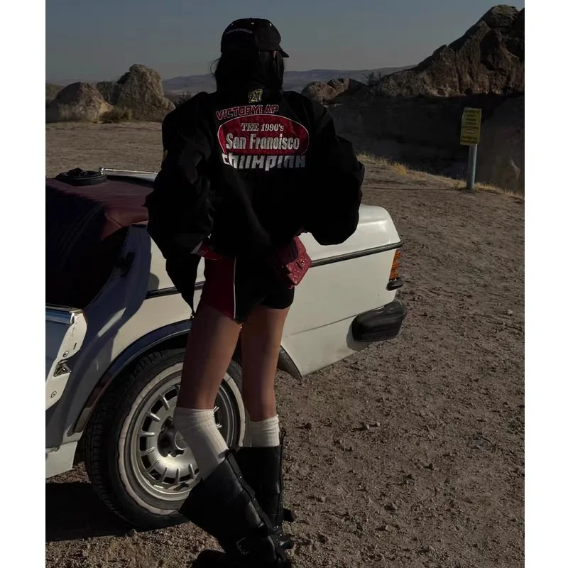 Embroidered Varsity Bomber Jacket American Retro Y2K Couple Casual Streetwear Loose Fit Zip Up Short Coat Autumn Winter Apparel