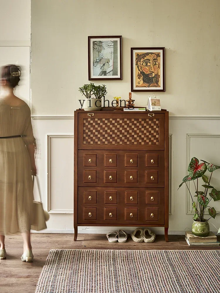 ZK Retro Tilting Shoe Cabinet Solid Wood Ultra-Thin Cabinet Home Doorway Small Apartment Home Narrow Hallway Storage Cabinet