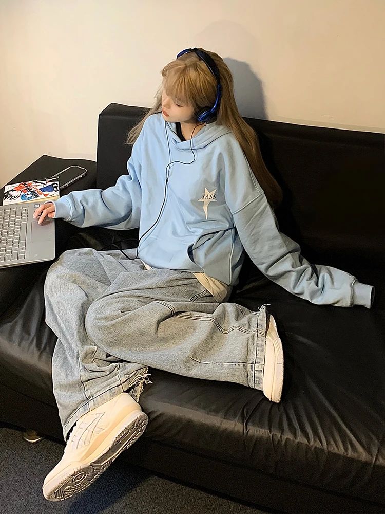 ADAgirl-Star Graphic Hoodies para mulheres, Kpop, manga comprida, grandes dimensões, High Streetwear, moda coreana, pulôver, roupas de casal casuais