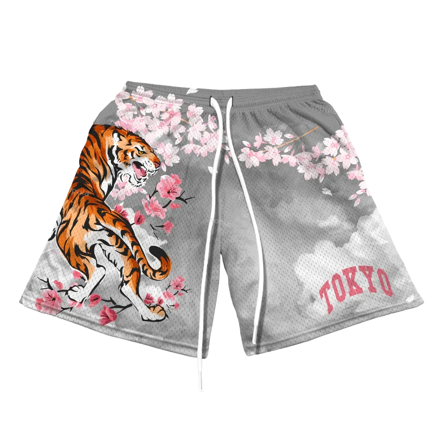 

Tiger & Sakura Pattern Print Casual Shorts Street Shorts Sport Training Breathable Fashionable Shorts Quick-drying Streetwear