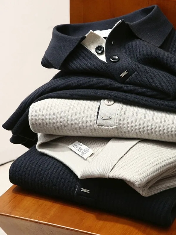 

Italian Sle Men's Ne Long Sve Knitted irt Textured Fabric Silk Vintage Look Breathable Warm Thiened