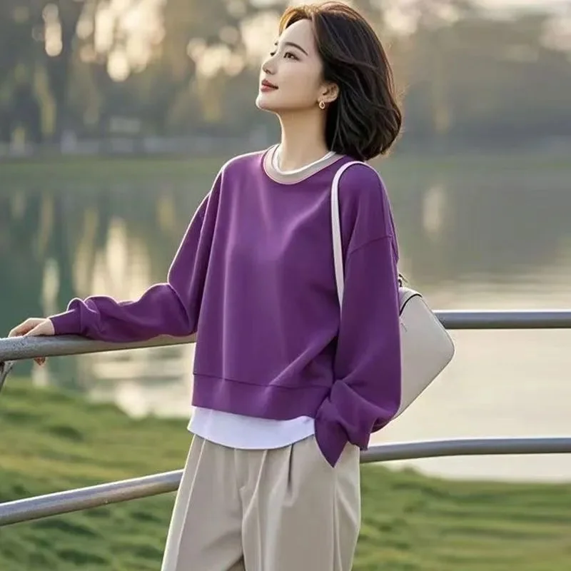 

Корейские женские ложные спортивные рубашки большого размера 4XL, осенние женские ложные толстовки из двух предметов, женские модные толстовки с круглым вырезом, топы