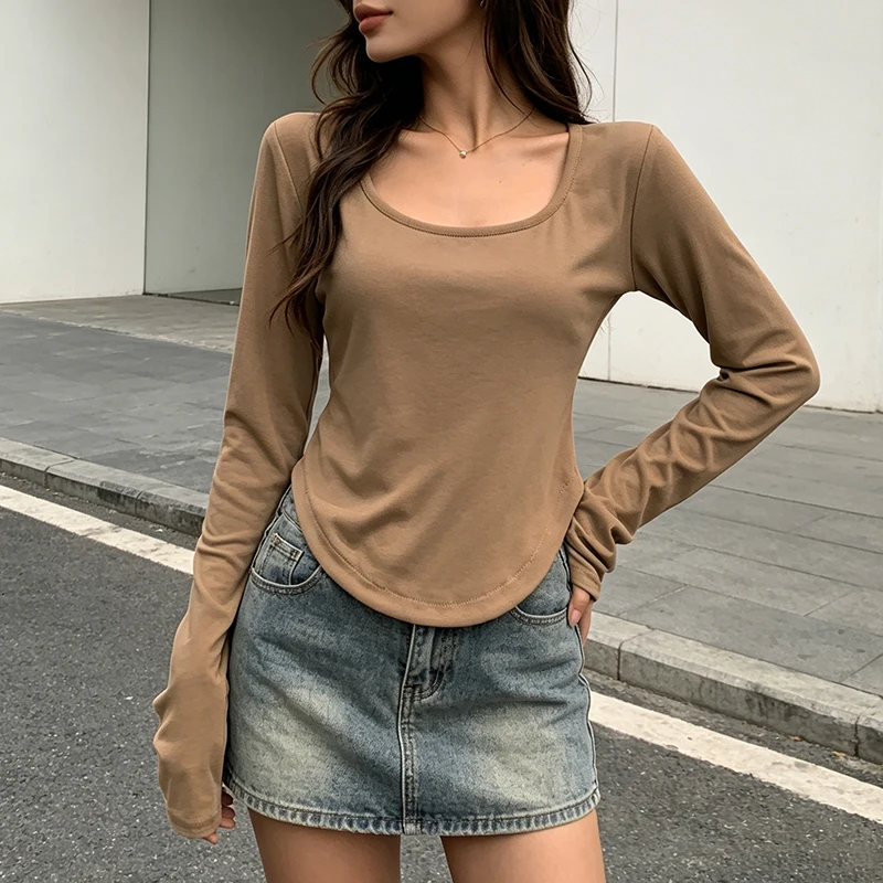 Women's Cotton T-Shirt Casual Round Neck Long Sleeve Slim Fit Basic Tee Top view 4