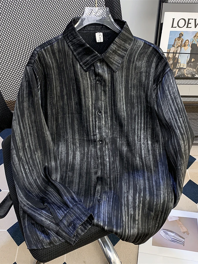 

Loose Men's Long Sleeve Striped Shirt Tie-Dye Trendy Design Spring Autumn American High Street Style Outerwear Casual Shirt
