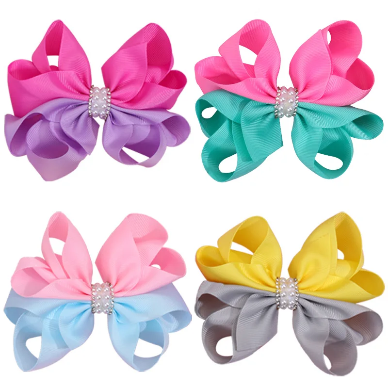 New Pearl Hair Bows Clips For Girls Ribbon Bow Boutique Hairpins Kids Two Color Barrettes Headwear Hair Styling Accessories