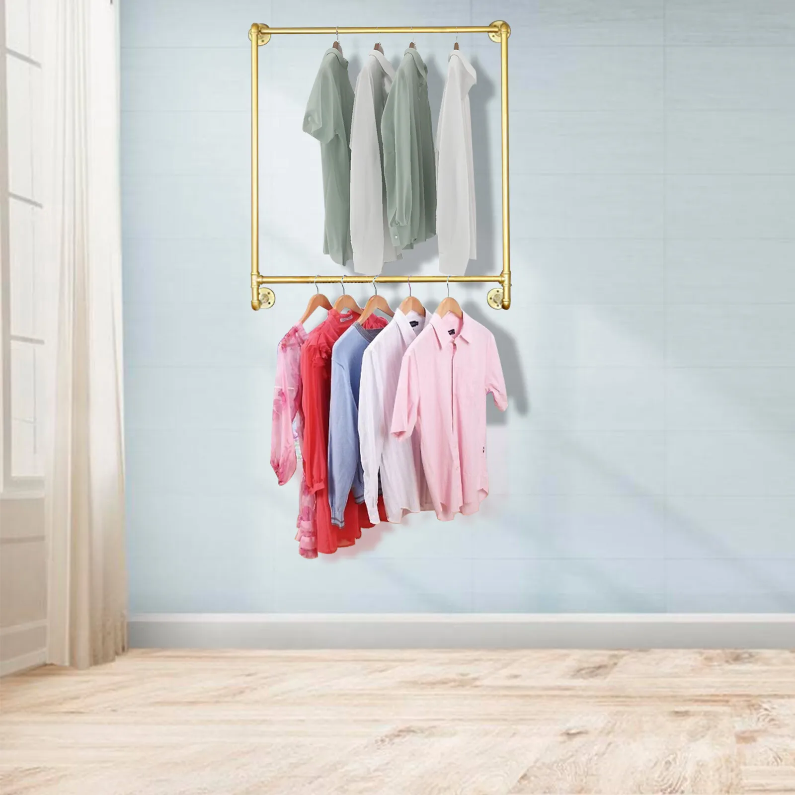 

Gold Iron Industrial Pipe Wall Mounted Clothing Rack Wedding Dress Bridal Garment Rack Stand Retail Display Closet Organization