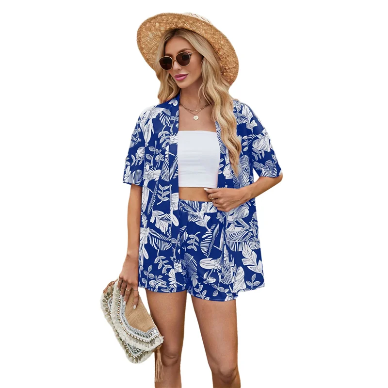 

Пляжные брюки для женщин Co Ord Комплект из двух предметов: классическая рубашка и короткая пляжная одежда для женщин-A55G