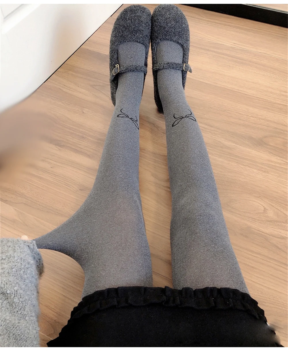 Women Autumn Winter Thick Bowknot Heart Dot Pattern Pantyhose Ladies Velvet Gray Slimming Outer Leggings Socks Tights Stockings