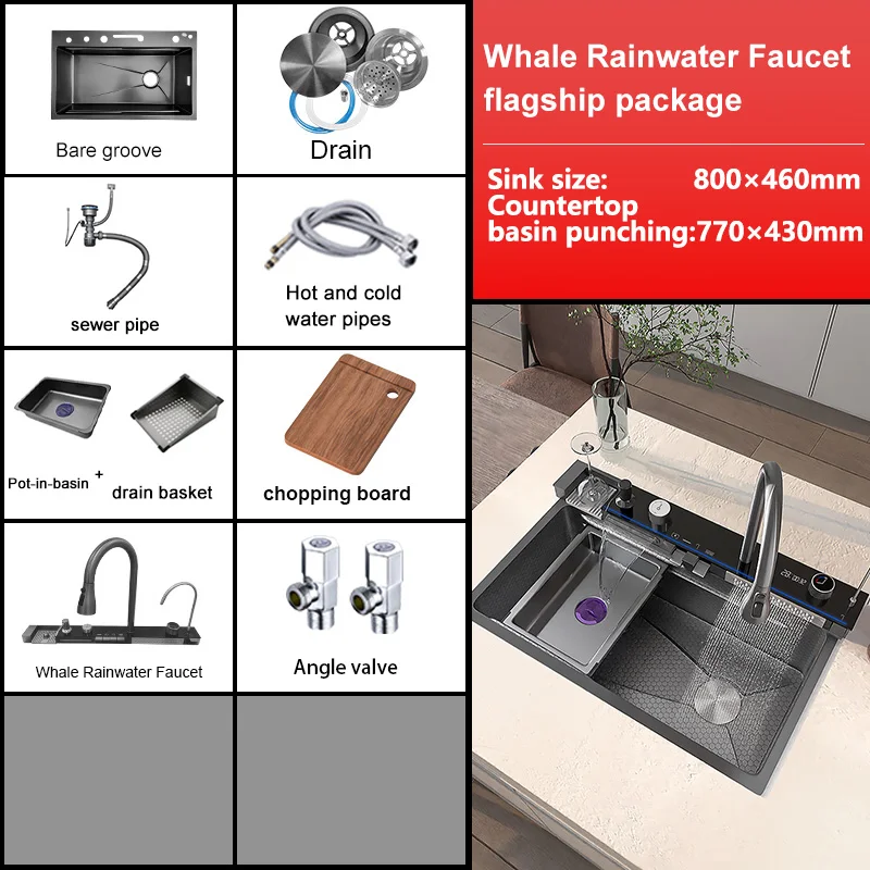 

Stainless Steel Kitchen Sink, Large Single Basin With Integrated Trash Can, Digital Display Faucet Set, Cup Washer Wash Basin