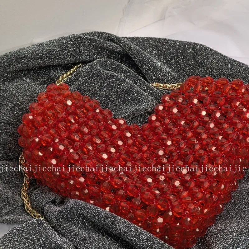 Small Niche Design Handmade Bead Love Crossbody Bags for Woman Fashionable and Versatile Casual Mini Peach Heart Dinner Handbag