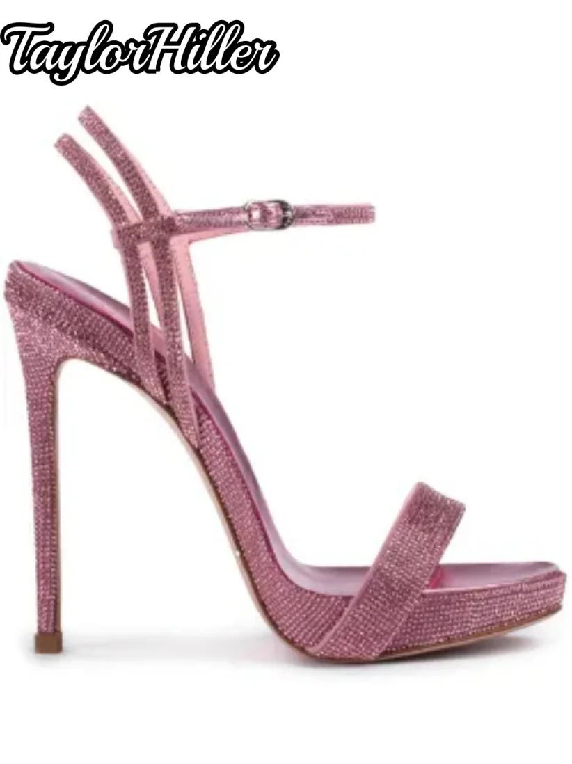 Glittering Pink Crystal Platform Heeled Sandals Double Strappy Open Toe Buckle Strap Stiletto Shoes One Strap Rhinestone Heels