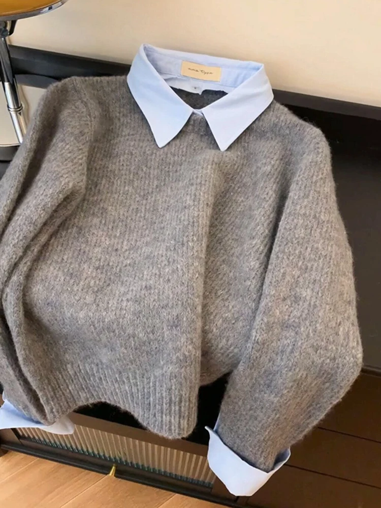 

Women's Knitted Neck Shirt Color Block Lazy Style Early Autumn New Arrival Versatile Top Anti-Aging Blouse City Walk