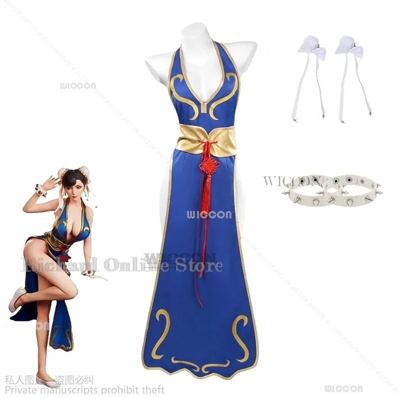 

Игра Street Chun Li костюмы для косплея Sutorito Faita синее платье Cheongsam с поясом головные уборы с женской одеждой для девочек Хэллоуин вечерние