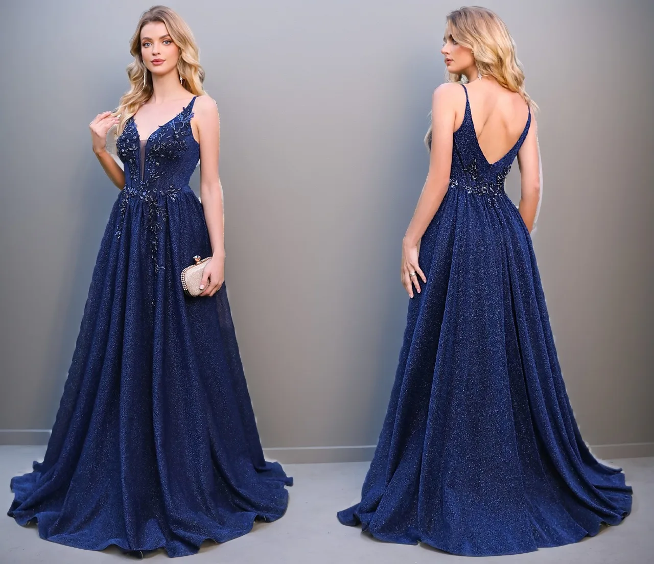 

Navy Blue Mother of The Bride Dresses Sequin Lace Applique V-Neck Backless Suspender Evening Dress A-Line Long Formal Party Gown