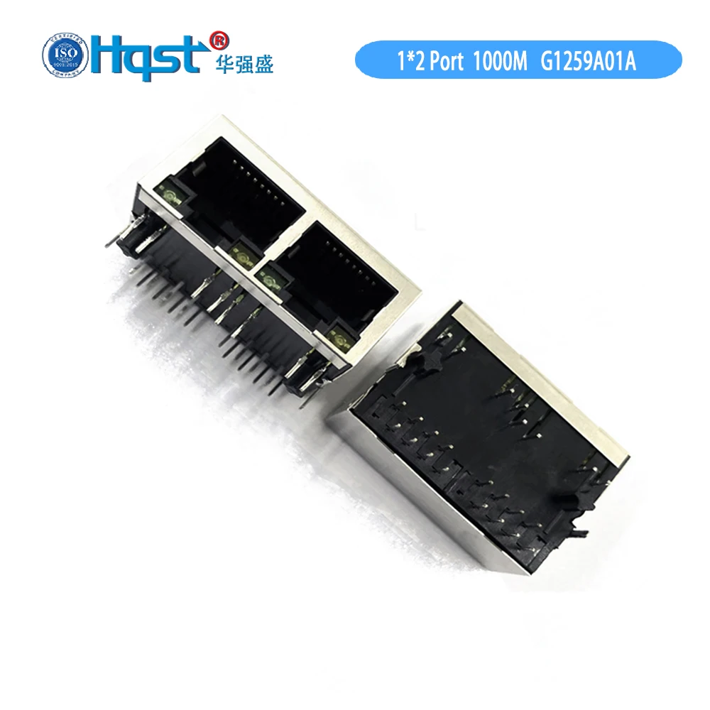 Hqst G1259A01A-GY Dual-port 10P10C RJ45 connector with 100/1000 Base-T magnetic module with LED and shielded shell