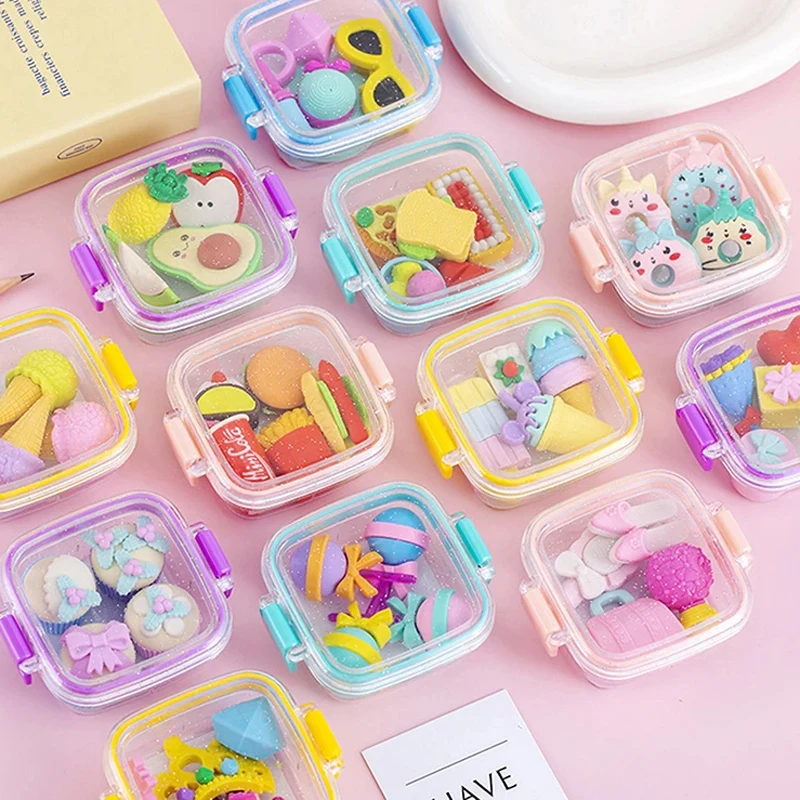 1 Pcs  Lunch Box Eraser Set Lovely Eraser Soft Pencil Eraser School Students Stationery Supplies Exquisite Prize Gifts