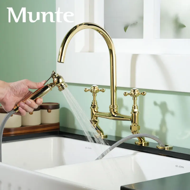 

French retro zirconia gold spray gun kitchen hot and cold faucet