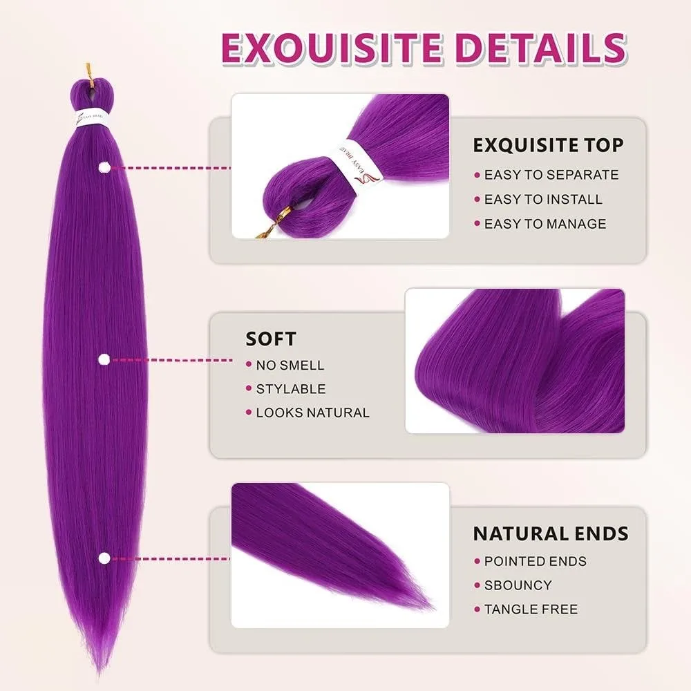 وصلة ذيل حصان صناعية مضفرة ذاتية الصنع مع شريط مطاطي مرن وردي أرجواني أزرق طويل مستقيم ذيل حصان للنساء والفتيات