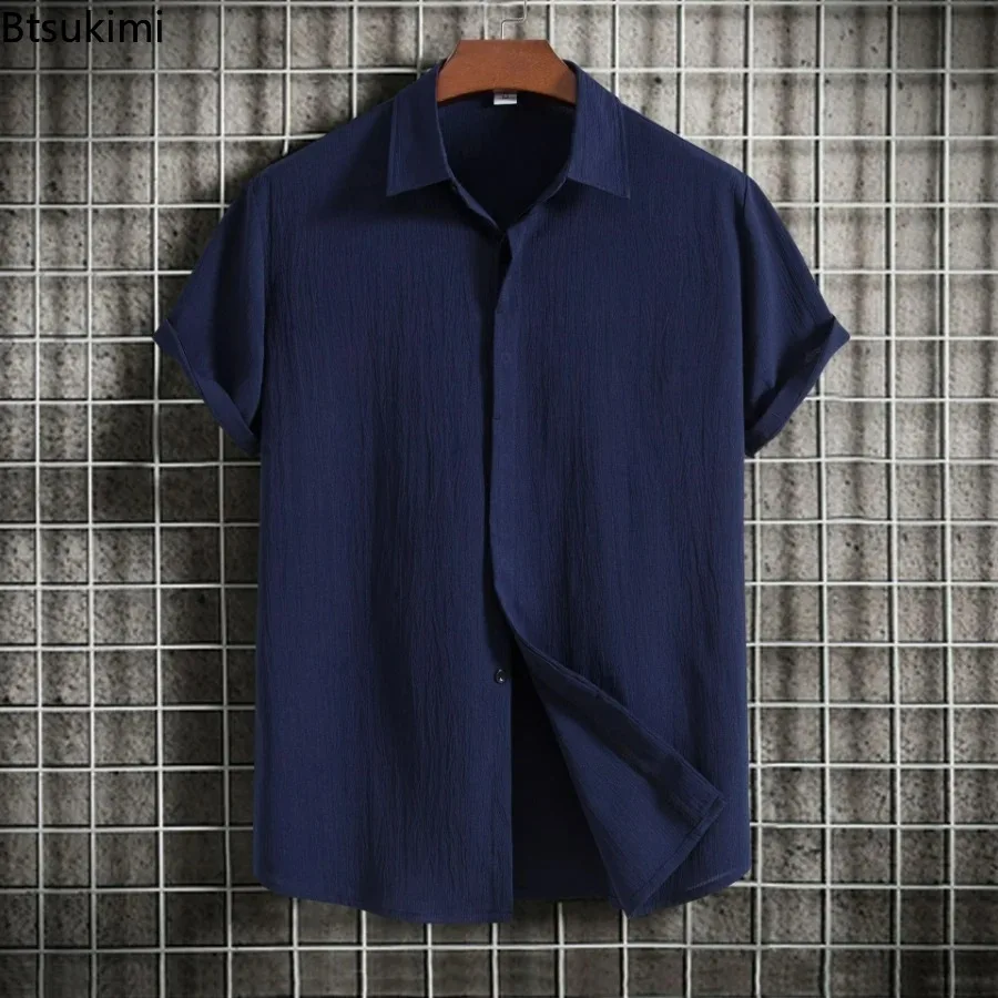 Nieuwe 2024 Heren Zomer Katoenen Linnen Shirts Effen Mode Casual Revers Korte Mouw Shirt Tops Voor Mannen Camisa Casual Hombre