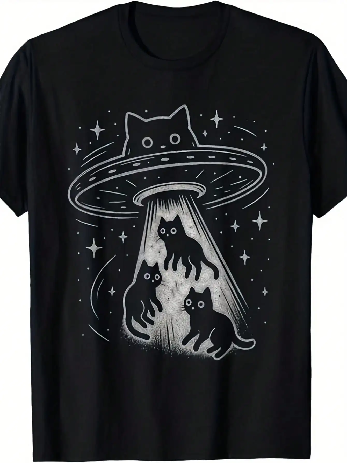 Funny UFO Cute Kitten Spaceship Alien Aesthetic-Shirt , Men'S Casual Short Sleeves, Comfortable Fit, Playful Print