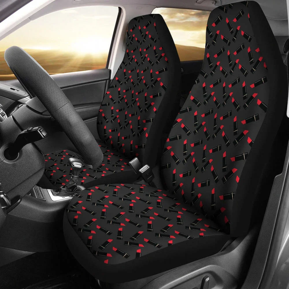 Dark Charcoal Gray Car Seat Covers With Lipstick Tubes Pattern Makeup ,Pack of 2 Universal Front Seat Protective Cover