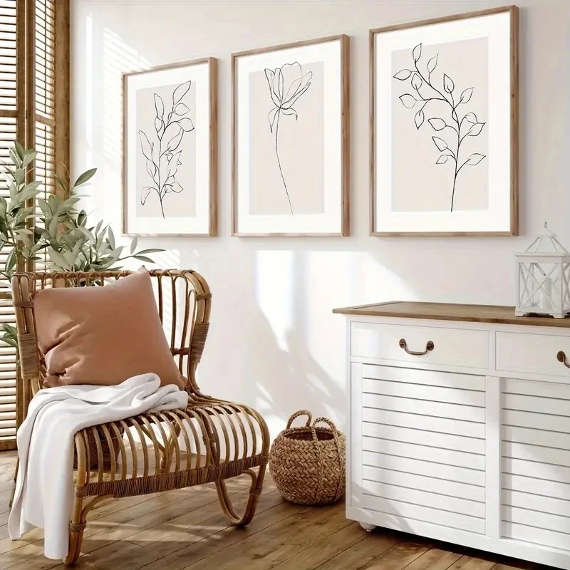 3pcs/Set Bohemian Beige Neutral Plant Line Art, Simple and Modern Wall Art, Floral Canvas Posters for Home and Room Decoration