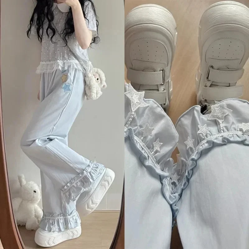 Star Y2K Lace Pants Kawaii Female Student Ins Japanese Cute Soft Color Girl Casual Lace Versatile Wide Leg Pants Loose Pants New