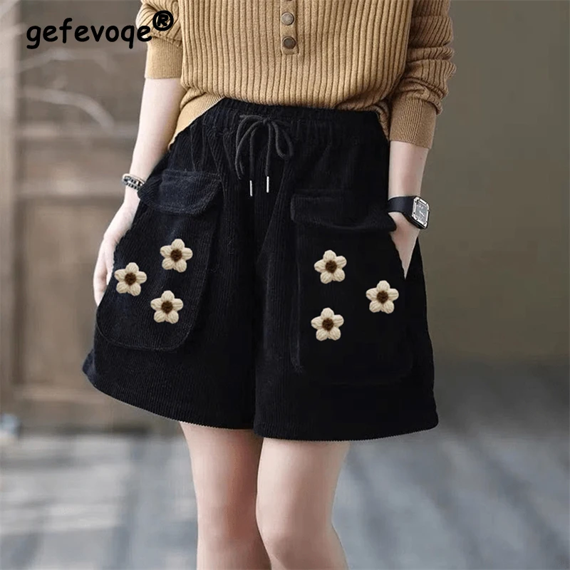 

Autumn Winter Women Vintage Corduroy Crochet Flower Wide Leg Shorts Female Casual High Waist Loose Pocket Short Pants Ropa Mujer