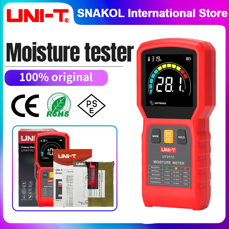 UNI-T UT377C Pinless Moisture Meter, 0~99.9% Digital Wood Moisture Meter Timber Damp Detector for Walls, Masonry, Woodworking