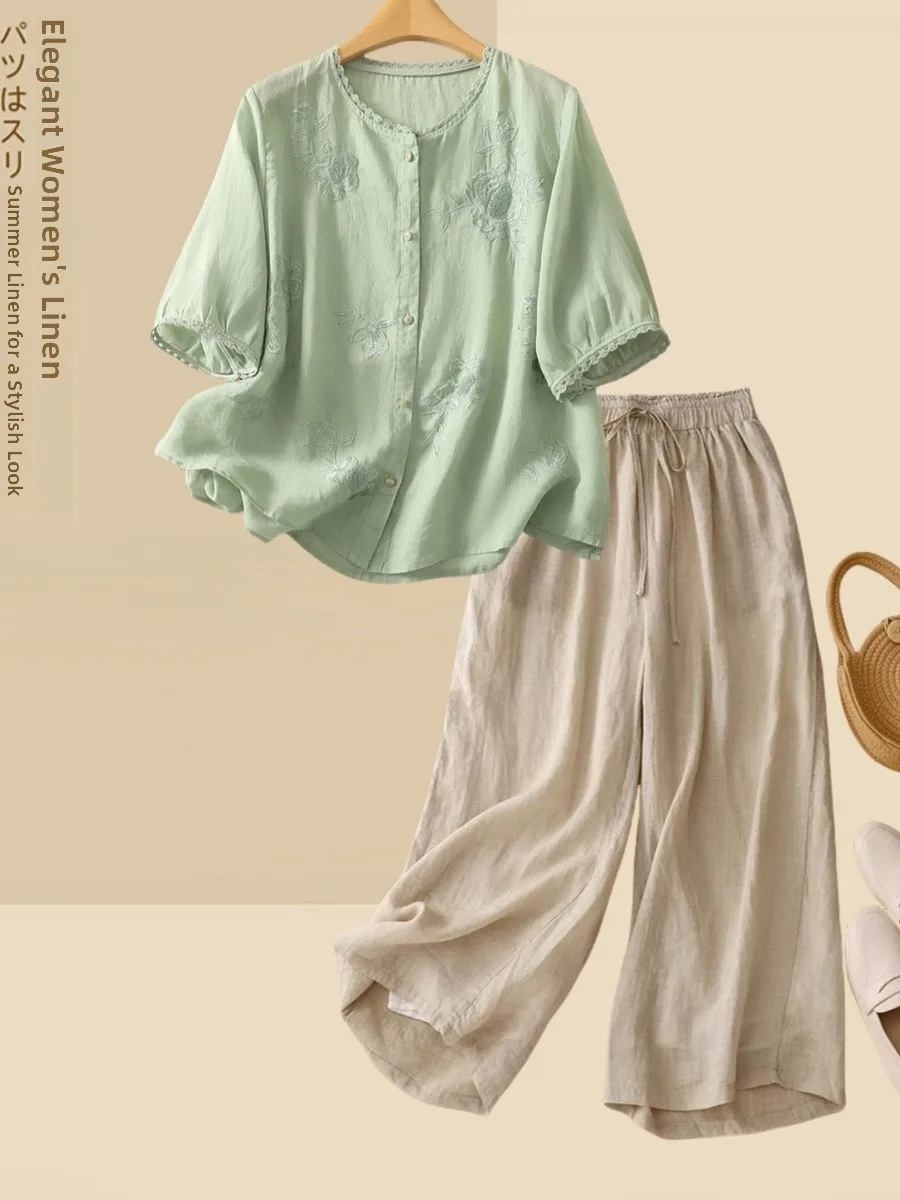 

Elegant Vintage Cotton Linen Embroidered Shirt Two-Piece Set for Middle-Aged Women Summer Loose Fit round Neck Single Button