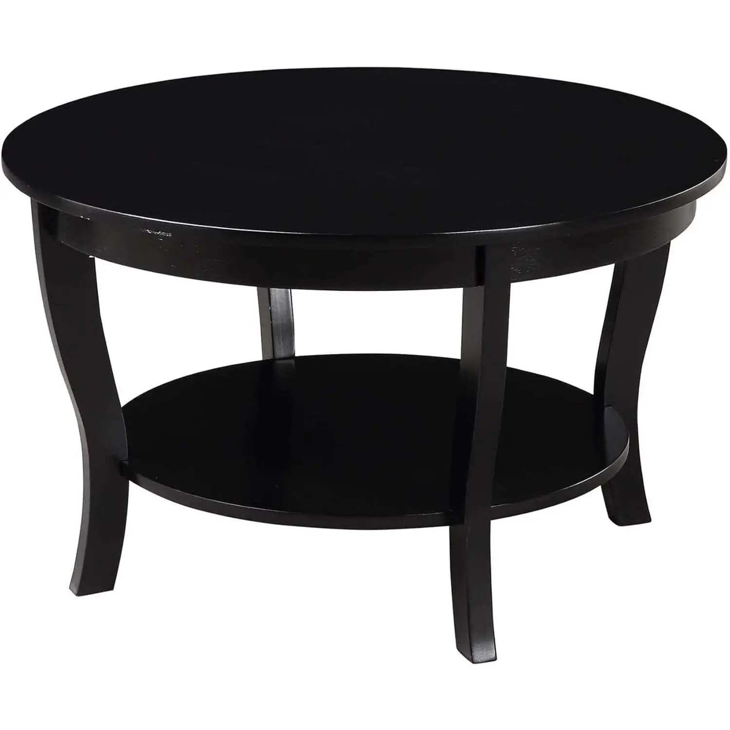 Round Coffee Table with Shelf Wood Finish Classic Style Two Tier Storage 30x30x18 Inch Black, Customized