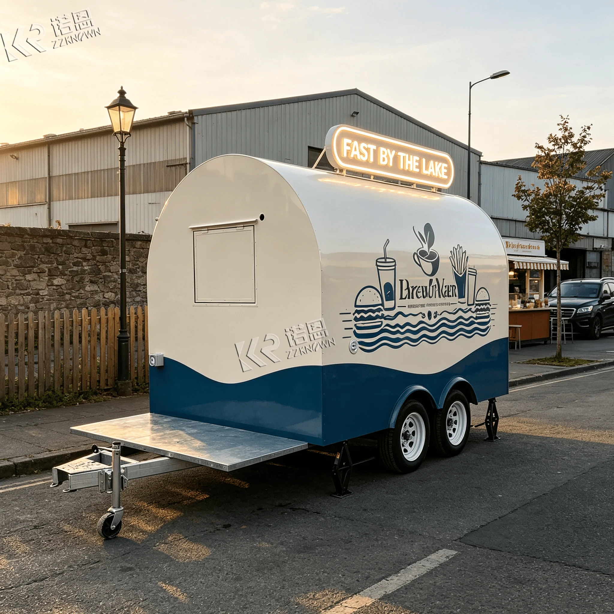 2.3m 304 Stainless Curved Food Truck and Food Trailer With Combined Water Tanks for Lakeside Tourist Spot Snack Sales