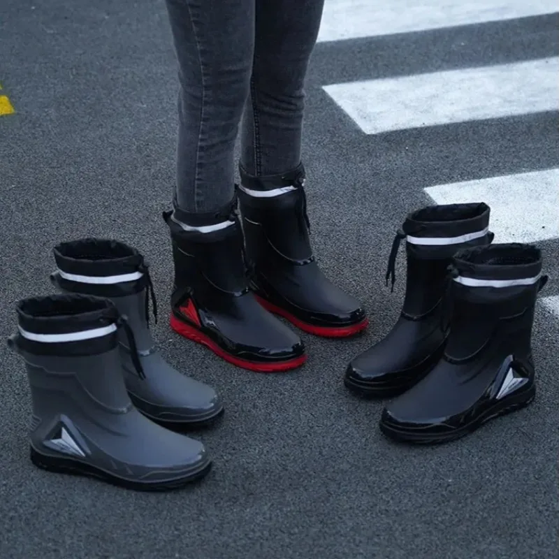 

High Quality New Rain Boots for Men Waterproof Drawstring Rain Shoes Velvet Padded Warm Non-Slip Flat Fashion Botas Para Lluvia