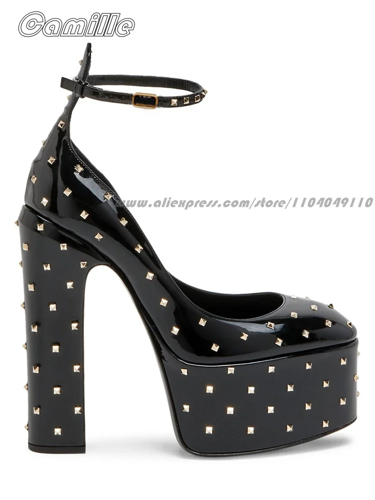 

Patent Leather Metal Rivet Ankle Strap High Platform Shallow Pumps Size 35-43 Chunky Heel Sexy Sandals Pointed Toe High Heels