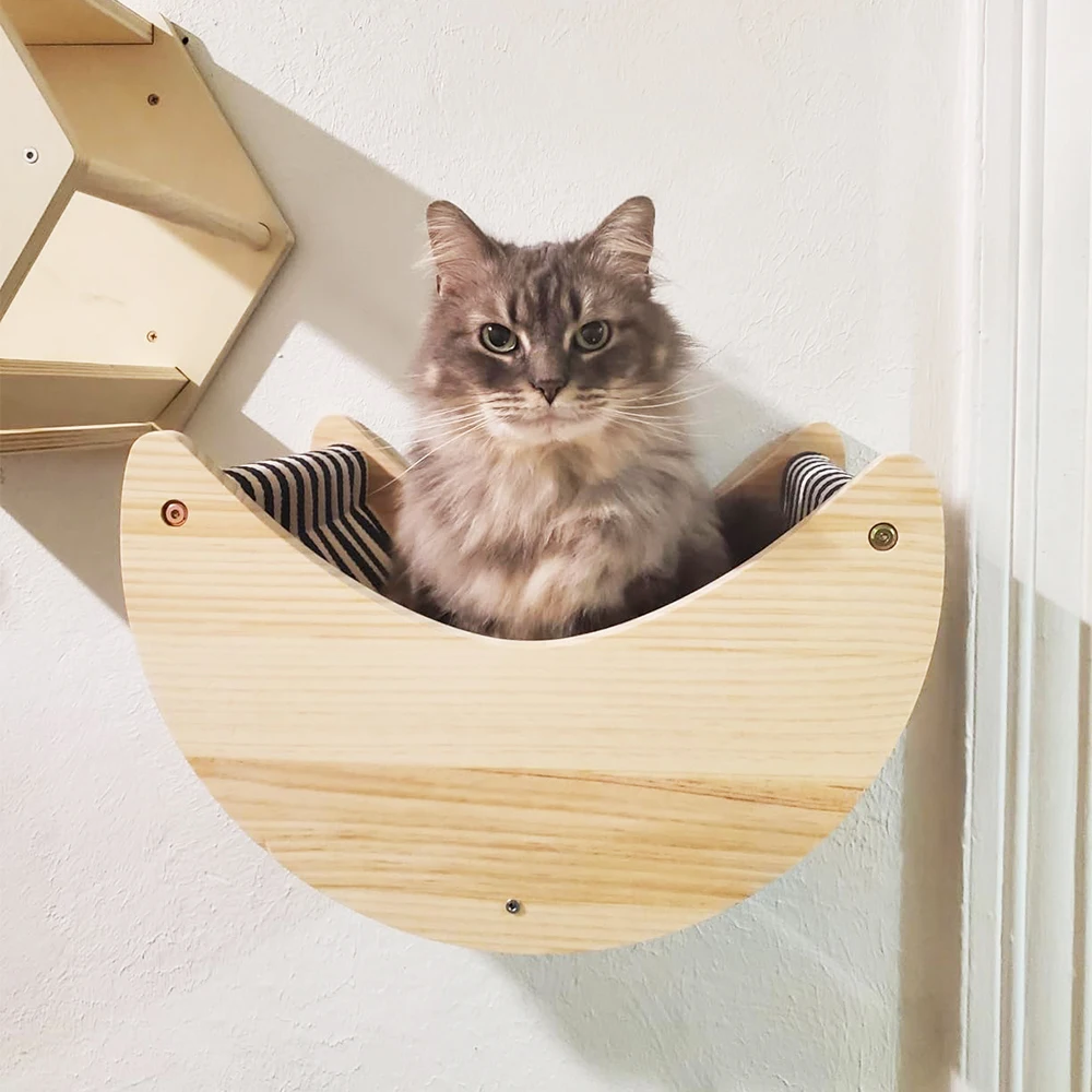 Cat Shelf Wall Hammock Climbing Shelves Moon Shaped And Perches Ladder Solid Wood Steps For Activity Indoor Cats Wall Furniture