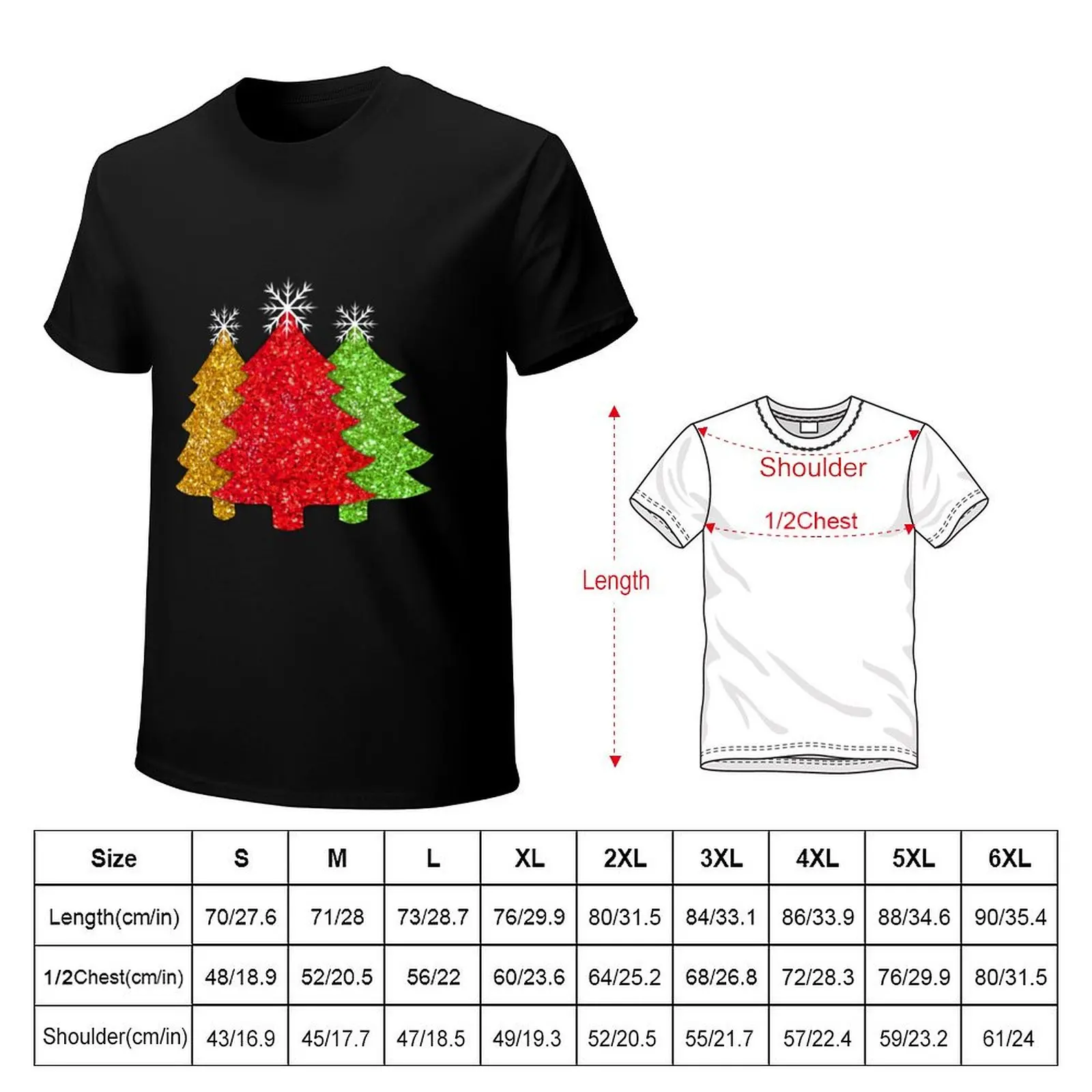 Sparkling glitter red gold green Christmas tree pattern frosty snowflakes T-Shirt Big Size Short Sleeve Tee for Men