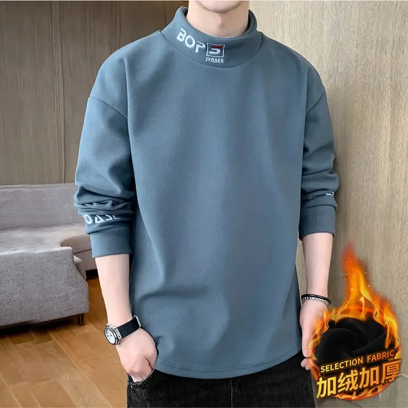 

Мужская свободная универсальная рубашка с высоким воротником, осень-зима, однотонные топы с длинными рукавами, футболки, модная повседневная мужская одежда