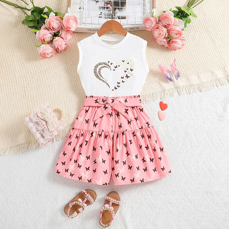 Girls Summer New White Sleeveless Top + Pink Shorts Butterfly Pattern Casual Vocation Cute Children's Top And Bottom Clothes Set