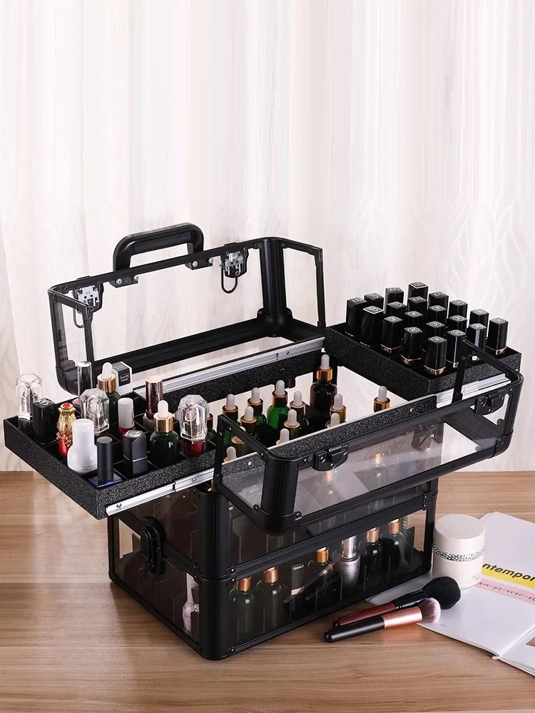 

Large Handheld Professional Multi-Layer Embroidered Nail Art Storage Box, Transparent Acrylic Nail Polish Makeup Box With Lock