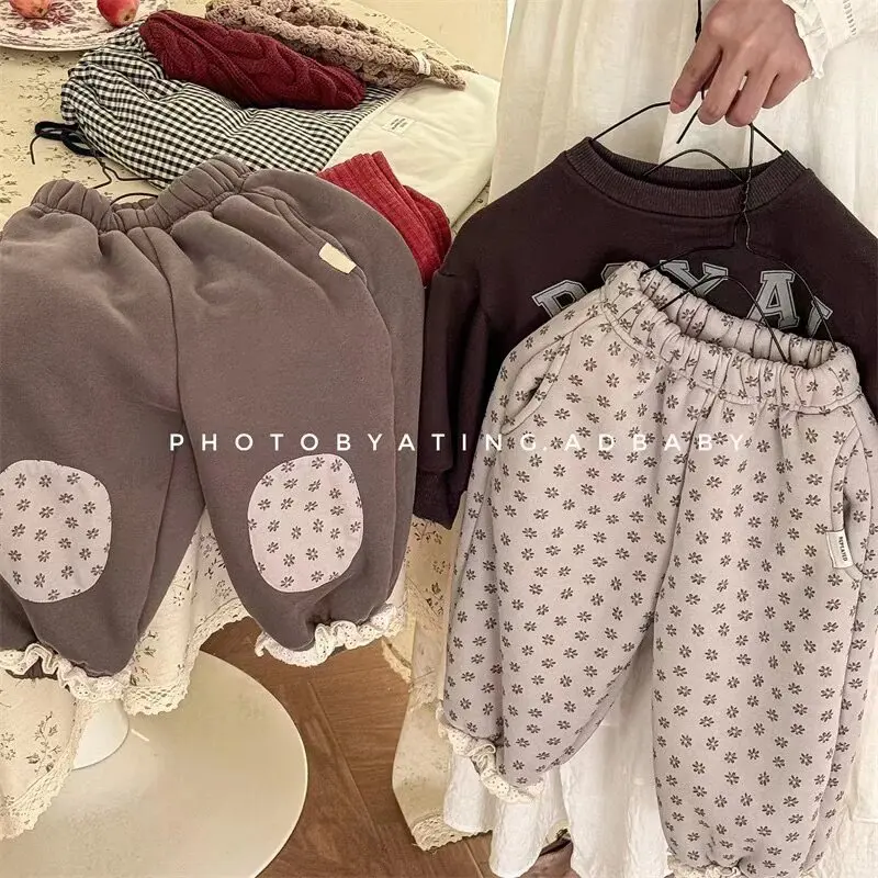 New Winter Toddlers Kids Casual Thicken Trousers Printed Lace Patchwork Baby Girls Warm Pants