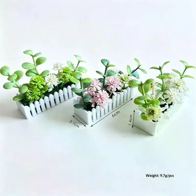 Mini Artificial Potted Flower Plants With White Fence Dollhouse Flower Potted Model Decor Dolls House Micro Landscape Ornament
