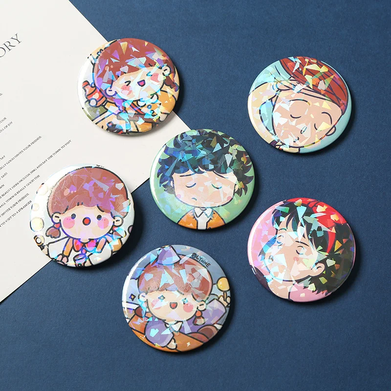 

10PCS Custom Design Holographic Film Badge Pin Personalized Tinplate Brooches Bag Decoration Label Customize Gift Wedding Favor