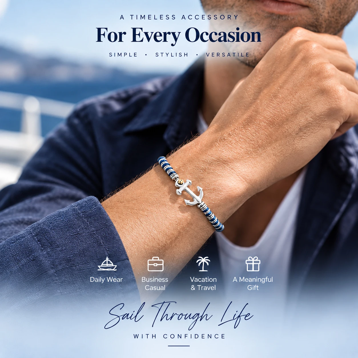 Men's Runda Stainless Steel Anchor Bracelet Blue Nautical Adjustable Bracelet 19-22.5 cm Gift for Him
