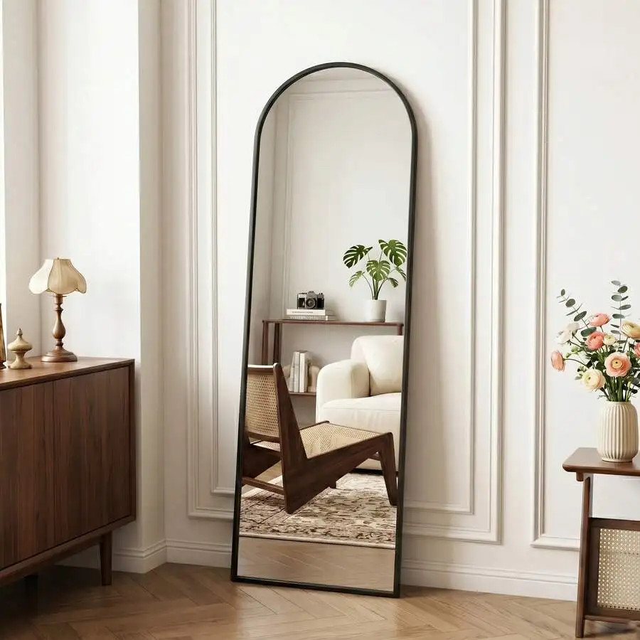14'X56' Full Length Over The Door Mirror - Alloy Frame Full Body Mirror With Height-Adjustable Hangers, Hanging Leaning Against