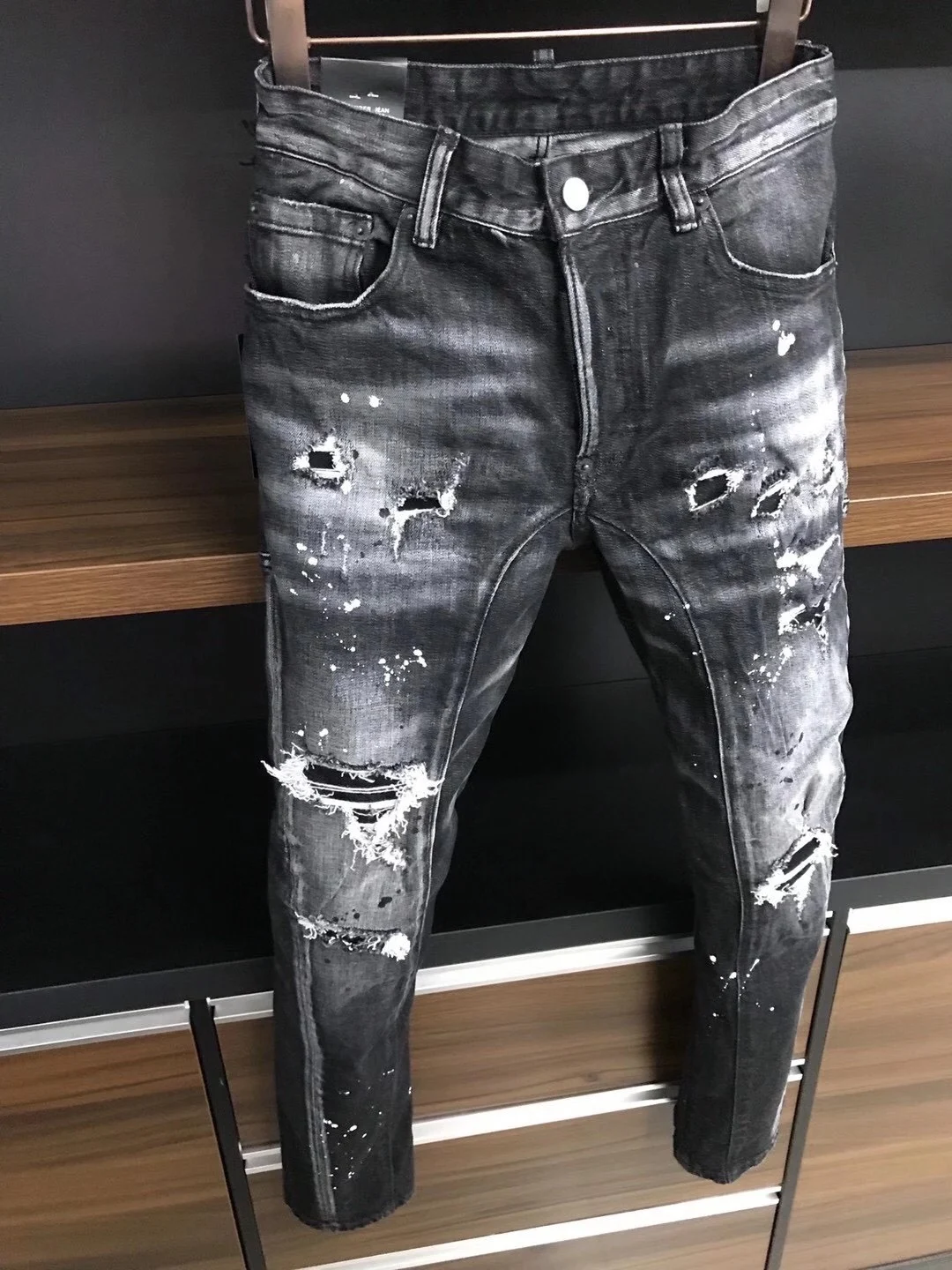 2023 Spring/Summer New D2 Jeans Men's Washed and Worn Hole Patch Car Line Zipper Decoration Small Feet Blue