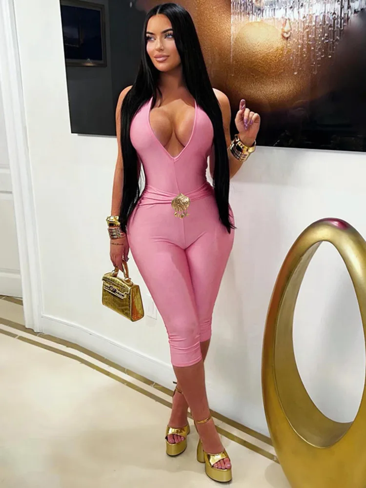 Sibybo Halter Deep V-Neck Metal Patchwork Women Rompers Sexy Solid Backless Sleeveless Skinny Stretch Casual Streetwear Playsuit